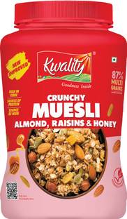 Kwality Crunchy Muesli Almonds, Raisins & Honey 87% Multigrains, High in Fiber & Protein Plastic Bottle