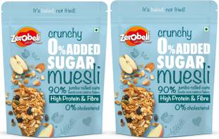 Zerobeli Crunchy 0% Added Sugar Muesli | Fiber Rich Breakfast | High in Protien Pouch