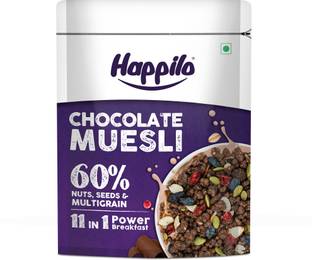 Happilo by NA Chocolate Muesli, 60% Nuts, Seeds and Multigrain, 11 in 1 Power Breakfast, Pouch