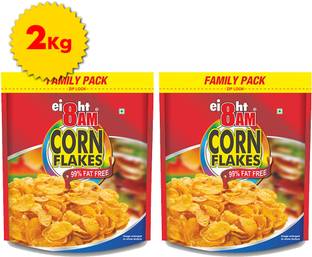 8AM Cornflakes Family Pack (2 x 1 KG), 92% Corn, 99% Fat Free, No Cholesterol Pouch