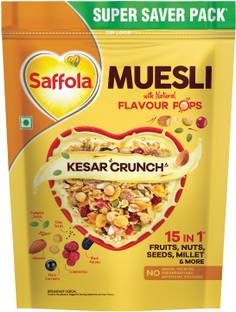 Saffola Muesli Kesar Crunch with Flavour Pops, 15 in 1 Fruit, Nuts, Millet & more Pouch