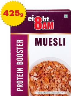 8AM Museli Protein Booster High Fiber, Fruits & Nuts, Wheat Flakes, Muesli Cereal Box