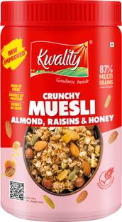 Kwality Crunchy Muesli Almonds, Raisins & Honey 87% Multigrains, High in Fiber & Protein Plastic Bottle