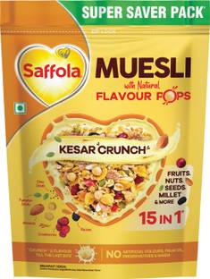 Saffola Muesli Kesar Crunch with Flavour Pops, 15 in 1 Fruit, Nuts, Millet & more Pouch