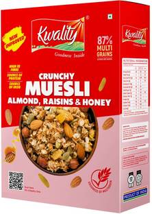 Kwality Crunchy Muesli Almonds & Raisins, 76% Multigrains, Protein, Breakfast cereals Box