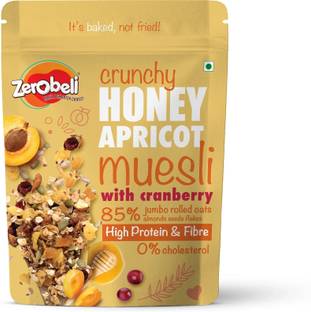 Zerobeli Crunchy Honey Apricot Muesli with Cranberry | No Cholesterol | High Protein | Pouch