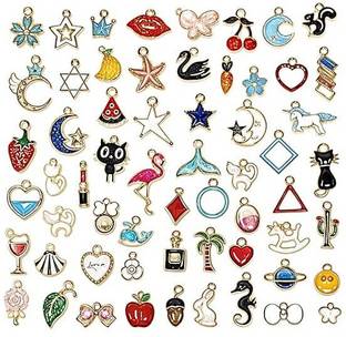 TREXEE 54 pcs Mixed Assorted Gold Plated Enamel Pendants Animal Moon Star Fruit Enamel, Alloy Charm Set