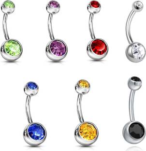 RVM Jewels Double Stone Belly Button Ring Combo Set of 7 Navel Piercing Jewelry Women Stainless Steel Charm Set