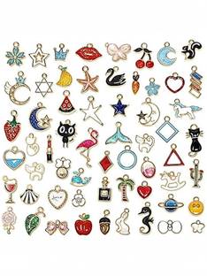 TREXEE 54 pcs Mixed Assorted Gold Plated Enamel Pendants Animal Moon Star Fruit Enamel, Alloy Charm Set