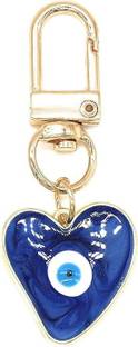 Questsole Blue Evil Eye Heart Bag Charm Gold Keychain for Men & Women Metal Beaded Dangling Charm