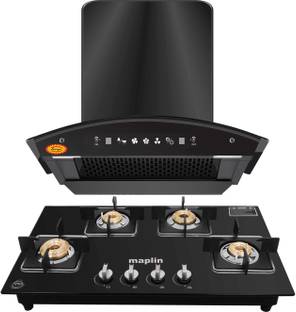 SURYA Combo of Kitchen Chimney SS60 Net + 4 Burner Gas Cooktop GH04 Black Auto Clean Wall Mounted Black 1400 CMH Chimney