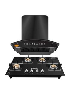 SURYA Combo of Kitchen Chimney SS60 Net + 4 Burner Gas Cooktop GH04 Black 1400 CMH 60 cm Auto Clean Ch...