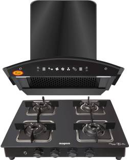 SURYA Combo of Kitchen Chimney Net60 Net + 4 Burner Gas Cooktop Square Black Auto Clean Wall Mounted Black 1400 CMH Chimney