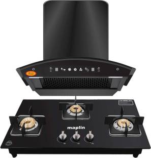 SURYA Combo of Kitchen Chimney SS60 Net + 4 Burner Gas Cooktop GH03 Black Auto Clean Wall Mounted Black 1400 CMH Chimney