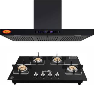 Maplin Combo of Kitchen Chimney SF90 + 4 Burner Gas Cooktop GH04 Auto Clean Wall Mounted Black 1400 CM...