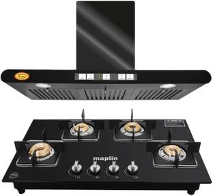 Maplin Combo of Kitchen Chimney FCB90 + 4 Burner GH04 Auto Clean Wall Mounted Black 1400 CMH Chimney