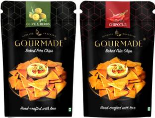 Gourmade Baked Pita Chips | Olive & Herbs and Chipotle | Pack of 2| Chips