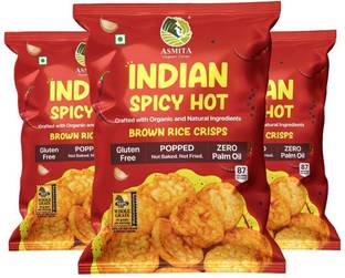 ASMITA ORGANIC FARMS Indian Spicy Hot Brown Rice Popped Crisps, Not Baked Not Fried, Low Fat Chips