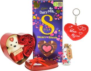 Cadbury HeartBlush Silk 250 Gm, Red Heart Box, Message bottle, love keychain, Heart Card Bars