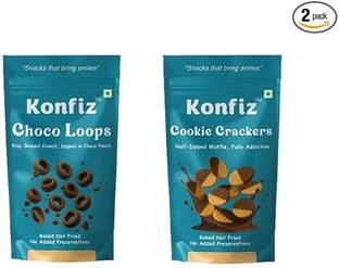 KONFIZ Choco Loops and Cookie Crackers Combo Pack | 65 gm Pack Each (Classic Choco) Bites