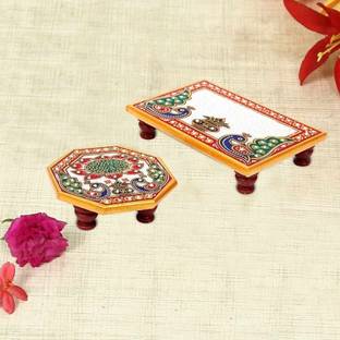 RUSHVILLE Marble Puja Chowki For Mandir 6X4 Inch And 4X4 Inch, 2 Piece… Marble All Purpose Chowki