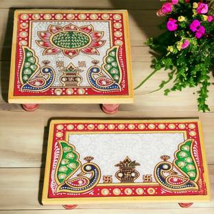 RUSHVILLE Premium Marble Handcrafted Meenakari Work Designer Marble Chowki Or Pooja Chauki Marble All Purpose Chowki