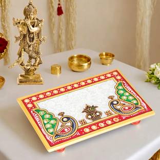 RUSHVILLE Marble Puja Chowki In Marble With Peacock Design 4 X 6 Inch… Marble All Purpose Chowki