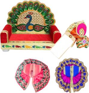 Sikarwar Traders Gopal Singhasan with 2 Poshak 1Mukut/Pagdri, Size 2 No. Dress (Silk, Cardboard) Wooden Pooja Chowki
