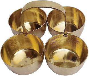 anshraj Small Brass Puja Roli Chawal, Elaichi, Mishri 4 Bowl Stand Brass All Purpose Chowki