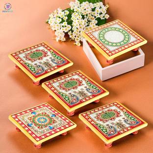 RUSHVILLE Pack Of 5 Floral Design 4 x 4 Inch Marble Chowki With Inlay Work|MCH-519|For Marble All Purpose Chowki