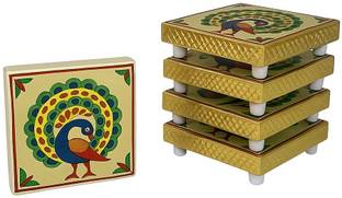 Divypath Wooden Meenakari Puja Bajot 3x3 Inch – Mandir Stand (Pack of 5) Wooden Pooja Chowki