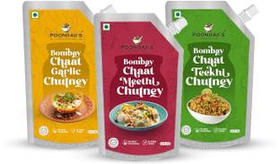 poonjiaji"s Ready to Eat 3 Bombay Chaat Chutneys Combo-Garlic,Teekhi,Meethi,No Preservatives Chutney Paste