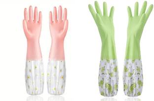 JHWOQU Reusable Rubber Latex PVC Flock lined Hand Gloves For Kitchen Long Sleeves Wet and Dry Glove Set