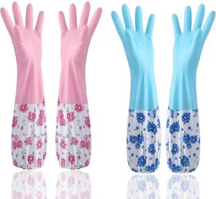 osla Reusable Rubber Latex PVC Flock lined Hand Gloves For Kitchen Long Sleeves Wet and Dry Glove Set