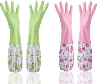 MAAUVTOR Reusable Rubber Latex PVC Flock lined Hand Gloves For Kitchen Long Sleeves Wet and Dry Glove Set