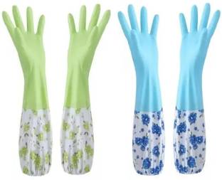 ASMO Reusable Rubber Latex PVC Flock lined Hand Gloves For Kitchen Long Sleeves Wet and Dry Glove Set