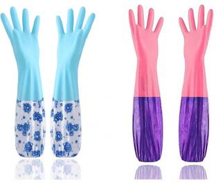 JHWOQU Reusable Rubber Latex PVC Flock lined Hand Gloves For Kitchen Long Sleeves Wet and Dry Glove Set