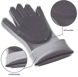 LUMINI Dish Washing Silicon Hand Gloves with Scrubber for Kitchen Cleaning, Utensils, Wet and Dry Glove