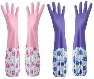 ASMO Reusable PVC FlockLined Long Elbow Length Gloves for Kitchen Dishwashing Winters Wet and Dry Glove Set