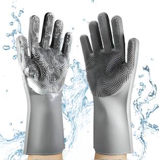 tick mark Multi-Purpose Grey Silicone Cleaning Gloves with Built-In Scrubber Wet and Dry Glove