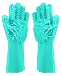 mitsu Magic Silicon Non-Slip Scrubbing Gloves for Dishwashing for Kitchen/Scrubbing Gloves for Pet Grooming/Household Cleaning/Multipurpose Use Silicone Scrub Wet and Dry Glove (Free Size) Wet and Dry Glove Set