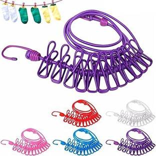 KGBTREADS Cloth-Drying Rope with Hooks Elastic Cloth Hanging 12 Clips Plastic, Steel Cloth Clips