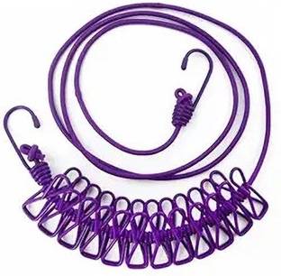 MMTSWorld Cloth Drying Rope with Two Sided Hooks, Elastic 12 Clips for Outdoor Indoor Steel, Plastic Cloth Clips