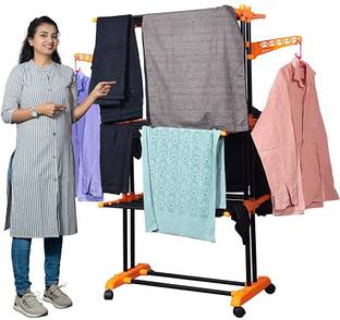 AJAAQI Steel Floor Cloth Dryer Stand 2 Pole Black Orange Clothe Dryer Stand With Wheels Rack Hanger Mild Steel