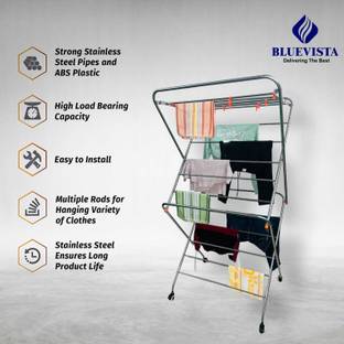 Bluevista Steel Floor Cloth Dryer Stand Bright 6ft heavy duty rustproof foldable balcony cloth drying stand with wheels