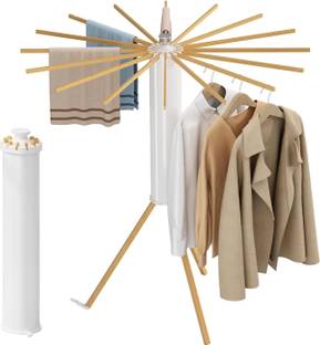KriShyam Wood Floor Cloth Dryer Stand Fan-Shaped Free Standing with Tripod Stand 360° Rotation/16 wooden Poles