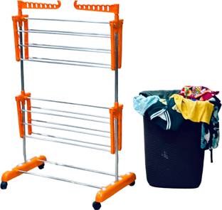 TNC Plastic, Steel Floor Cloth Dryer Stand Pure Stainless Steel Single Pole 2 Tier Foldable Cloth Stand-002