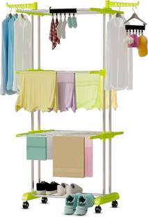 LivingBasics Steel Floor Cloth Dryer Stand / Foldable Clothes Drying Rack with Set of 2 Icon Clips - Lime Green