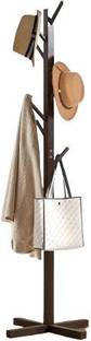 ADA Wood Floor Cloth Dryer Stand Bamboo 8 Hook Organizer Coat Stand for Hats, Scarves and Accessories-Dark Brown