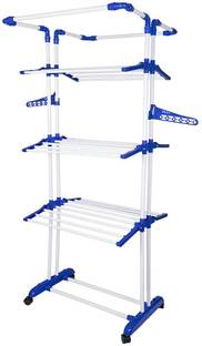 PARASNATH Steel, Plastic Floor Cloth Dryer Stand 3 Poll Cloth Drying Stand - 3 Poll - 3 Layer (Wheels Comes with Break System)